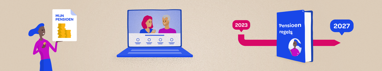 Vrouw met spaarpot, laptop en tijdlijn voor de introductie van het nieuwe pensioenstelsel